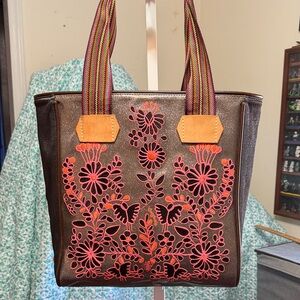 Consuela Glittery Brown Tote with Pink Floral Design